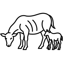 Obraz premium Line art vector silhouette of a cow and a small cow grazing in a field