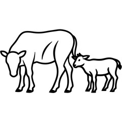 Obraz premium Line art vector silhouette of a cow and a small cow grazing in a field