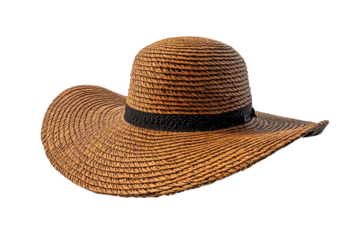 A sun-kissed summer straw hat, perfect for beach days and breezy adventures, boasts a wide brim and a touch of subtle sparkle on its stylish band against a clean white backdrop.