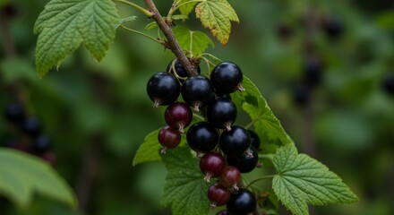 Abundant blackcurrant harvest on the branch, surrounded by lush green foliage