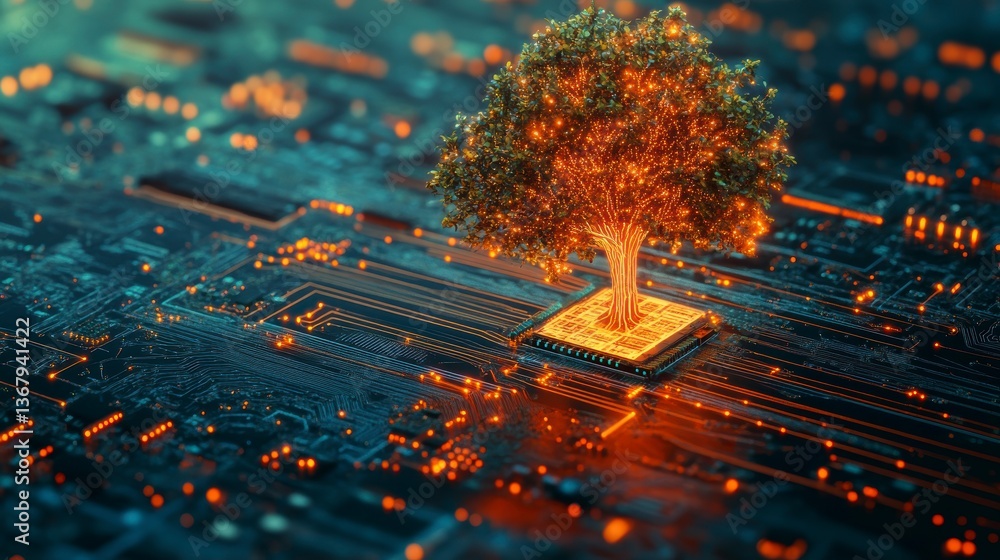 Poster Glowing tree growing from a computer chip on a circuit board.