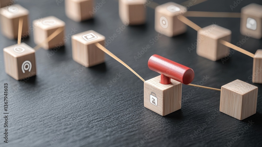 Poster wooden blocks connected by lines depicting a network structure on a table.
