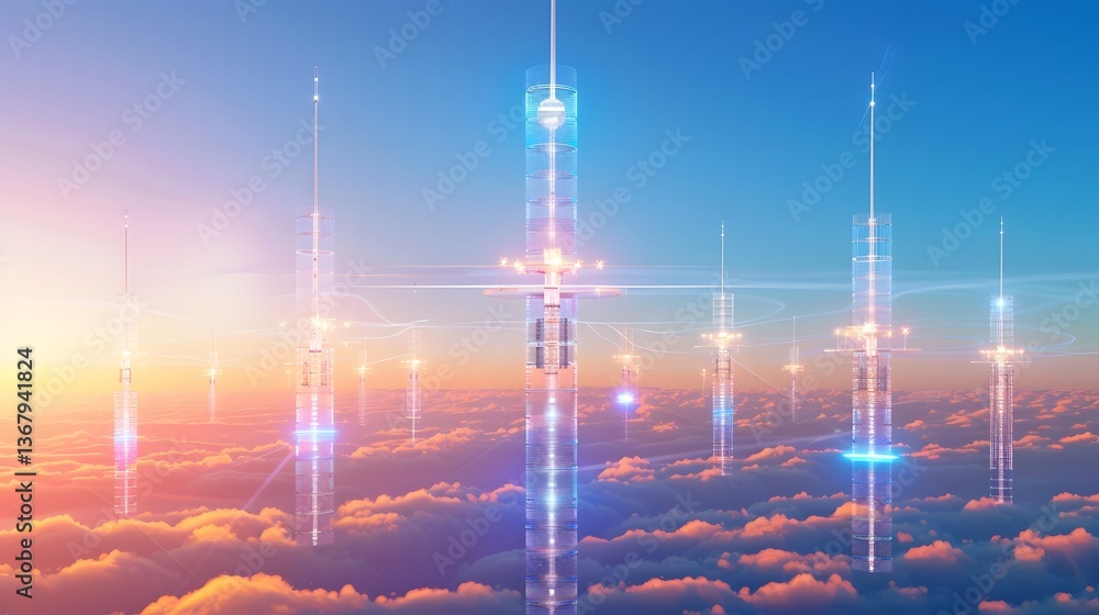 Poster futuristic floating signal towers representing a 6g wireless communication network against a serene 