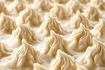 Close up image shows many delicious dumplings neatly arranged