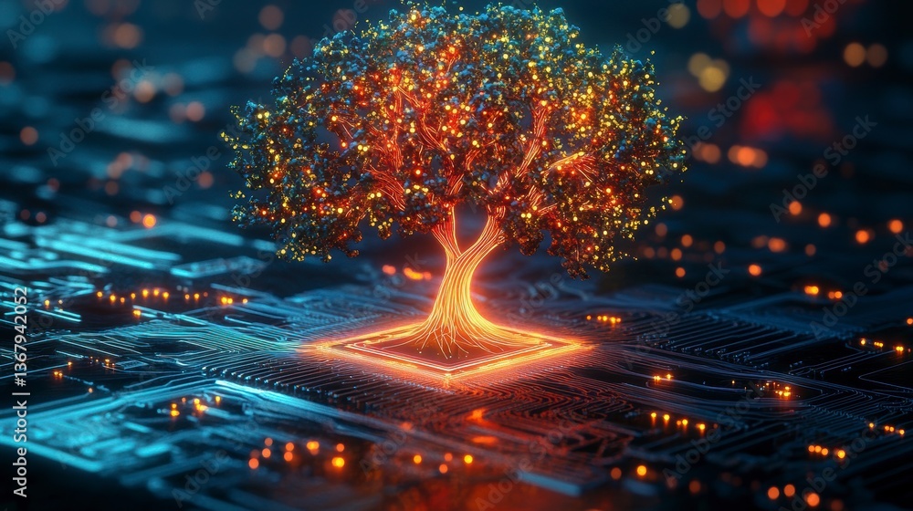 Poster Glowing tree on a circuit board, symbolizing technological growth and nature's connection to technology.