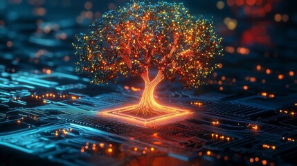 Glowing tree on a circuit board, symbolizing technological growth and nature's connection to technology.