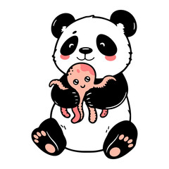 panda with a cute octopus plush toy, cartoon drawing