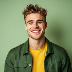 Obraz premium A man with light skin, styled brown hair, and a bright smile. He is wearing a casual yellow t-shirt with a dark green jacket