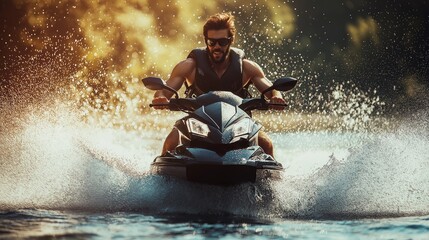 A man speeds across shimmering waters atop a powerful jet ski, sending sprays of water into the air as the sun sets. The golden hues reflect the thrill of adventure immersed in nature