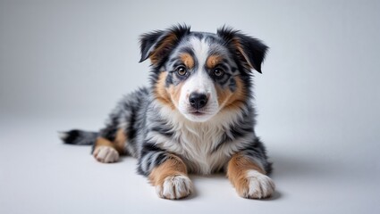 A cute australian shepherd puppy lying down on a white surface looking directly at the camera lens