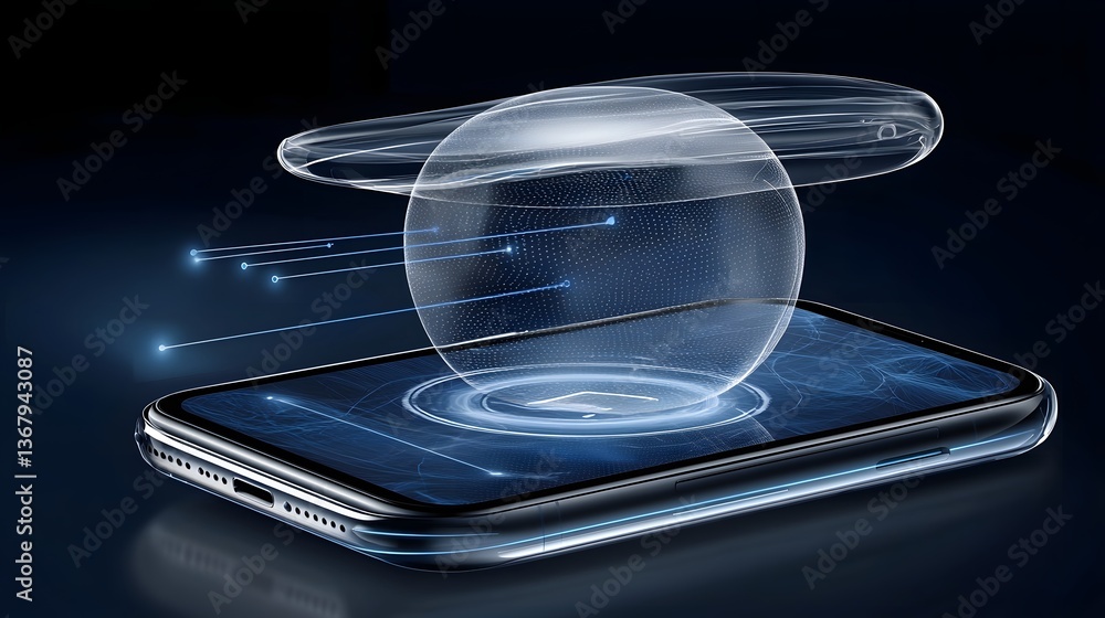 Poster futuristic mobile shopping experience featuring floating 3d product showcases instant one click purc