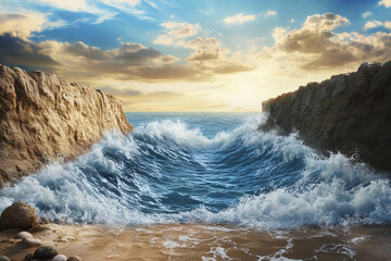 Obraz premium Ocean waves crashing between rocky cliffs at sunset Generative AI