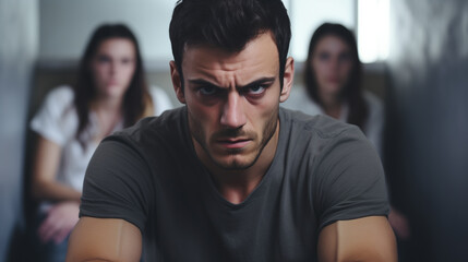 Emotional portrait of a man with a tense face in the foreground with two women sitting in the background, in a blurred room