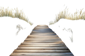 Fototapeta premium A weathered wooden boardwalk beckons, leading towards a sun-drenched horizon framed by tall beach grasses, suggesting a journey of peaceful solitude.