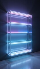"Futuristic Floating Acrylic Shelf with Holographic Effects Under Vibrant Studio Lighting for Placement Product"