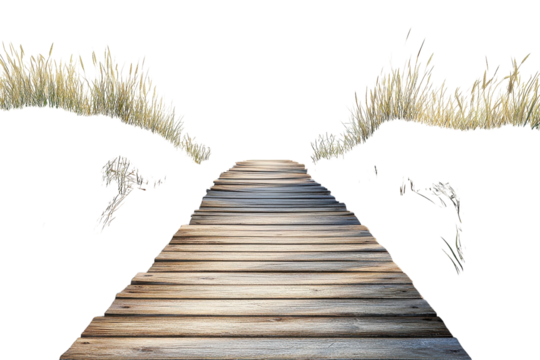 A weathered wooden boardwalk beckons, leading towards a sun-drenched horizon framed by tall beach grasses, suggesting a journey of peaceful solitude.