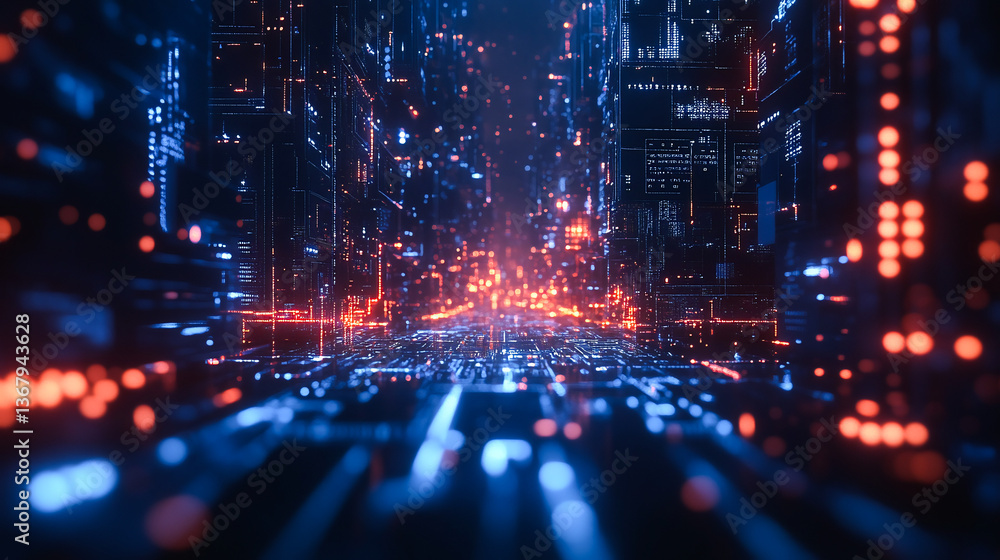 Poster abstract blue circuit board background with glowing lights and tech elements, close-up shot, dark ba