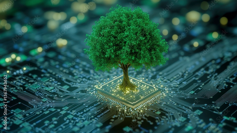 Poster green tree growing on a computer chip, symbolizing sustainable technology.