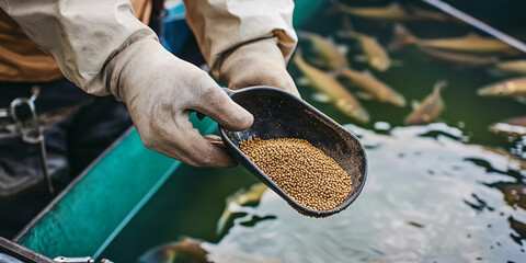 Worker scoops pelleted fish feed in aquaculture facility Generative AI