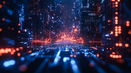 Abstract blue circuit board background with glowing lights and tech elements, close-up shot, dark backdrop, bokeh effect