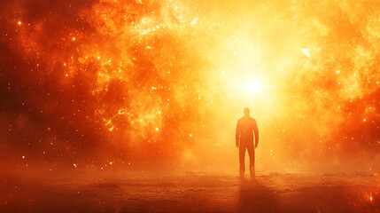 A man stands in the middle of a vast desert, facing the heavens with a bright light piercing through a dark sky, symbolizing hope, solitude, and the search for meaning