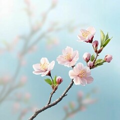 Obraz premium Delicate Cherry Blossom Branch with Soft Pink Flowers on Blue Background