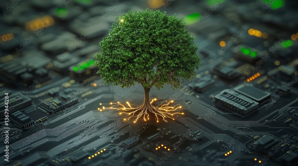 Aufkleber lush green tree growing from illuminated roots on a circuit board.