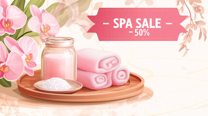 Serene spa setting with towels and spa salt promoting 50% sale on wellness services