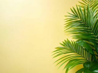 Fototapeta premium Lush Green Palm Leaves Against Soft Yellow Background for Design