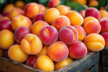 Fresh apricots stacked in a wooden crate at a market  
