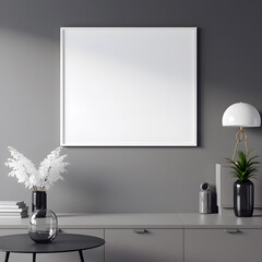 Minimalist interior mockup with blank frame. Empty frame wall poster mockup. Interior mockup with modern design. Contemporary interior scene