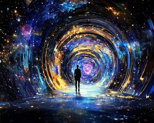A mysterious figure walking through a portal, their body composed of shifting galaxies and cosmic dust, evoking the essence of infinite possibilities 