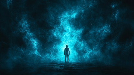 Fototapeta premium A man stands in the middle of a vast desert, facing the heavens with a bright light piercing through a dark sky, symbolizing hope, solitude, and the search for meaning