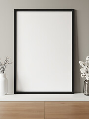 Minimalist interior mockup with blank frame. Empty frame wall poster mockup. Interior mockup with modern design. Contemporary interior scene