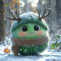 Adorable Green Winter Creature with Antlers in Snowy Forest