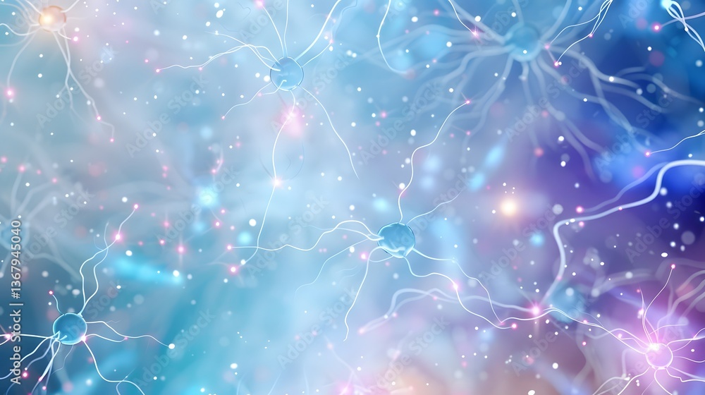 Poster glowing neural connection pattern with vibrant blue and purple data streams forming abstract organic