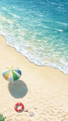 Obraz premium Colorful Beach Scene with Umbrella and Lifebuoy on Sandy Shore