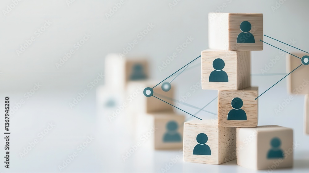 Poster wooden blocks with human icons connected by lines, symbolizing teamwork and network structure.
