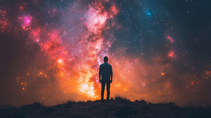 A man stands in the middle of a vast desert, facing the heavens with a bright light piercing through a dark sky, symbolizing hope, solitude, and the search for meaning