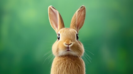 Obraz premium An adorable brown bunny rabbit with long ears and fluffy fur poses against a blurred green background; a perfect image for Easter cards, children's books, or pet-related projects