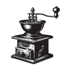 Old coffee grinder. Vector drawing on a white background.
