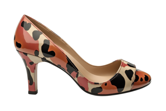 Stylish coral and black patterned high heels, a confident and chic statement piece, elegantly poised against a clean white background.
