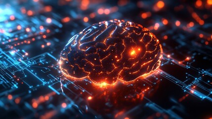 Machine learning artificial brain with glowing pathway