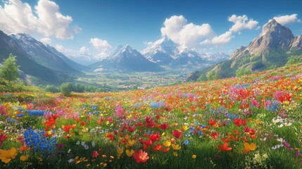 Alpine meadow wildflowers, mountain valley, sunny day, scenic landscape, travel poster