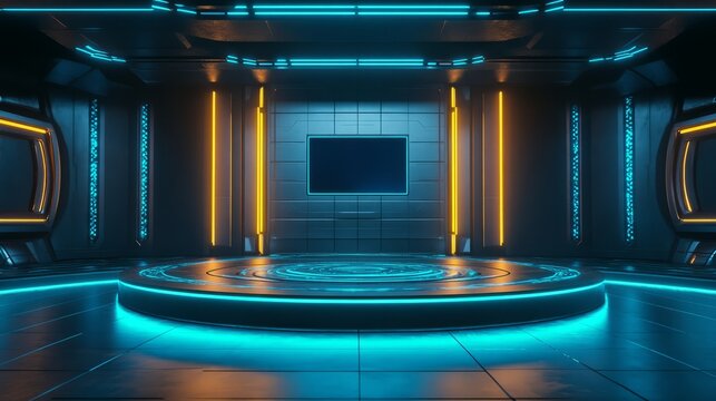 A high-tech podium with an interactive touchscreen interface, glowing neon blue highlights, and clean lines 