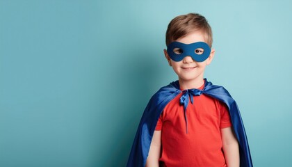  cute little boy wearing superhero custom on pastel background