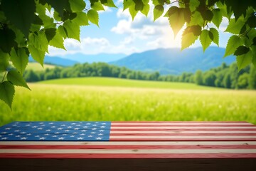 american flag on a wooden table in front of a green field