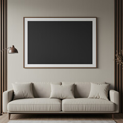 Minimalist interior mockup with blank frame. Empty frame wall poster mockup. Interior mockup with modern design. Contemporary interior scene