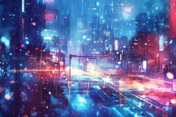 Obraz premium A futuristic cityscape is illuminated by glowing lights and falling rain