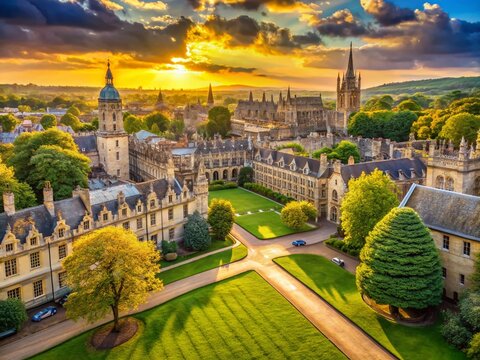 Panoramic View of Oxford University College Buildings and Gardens